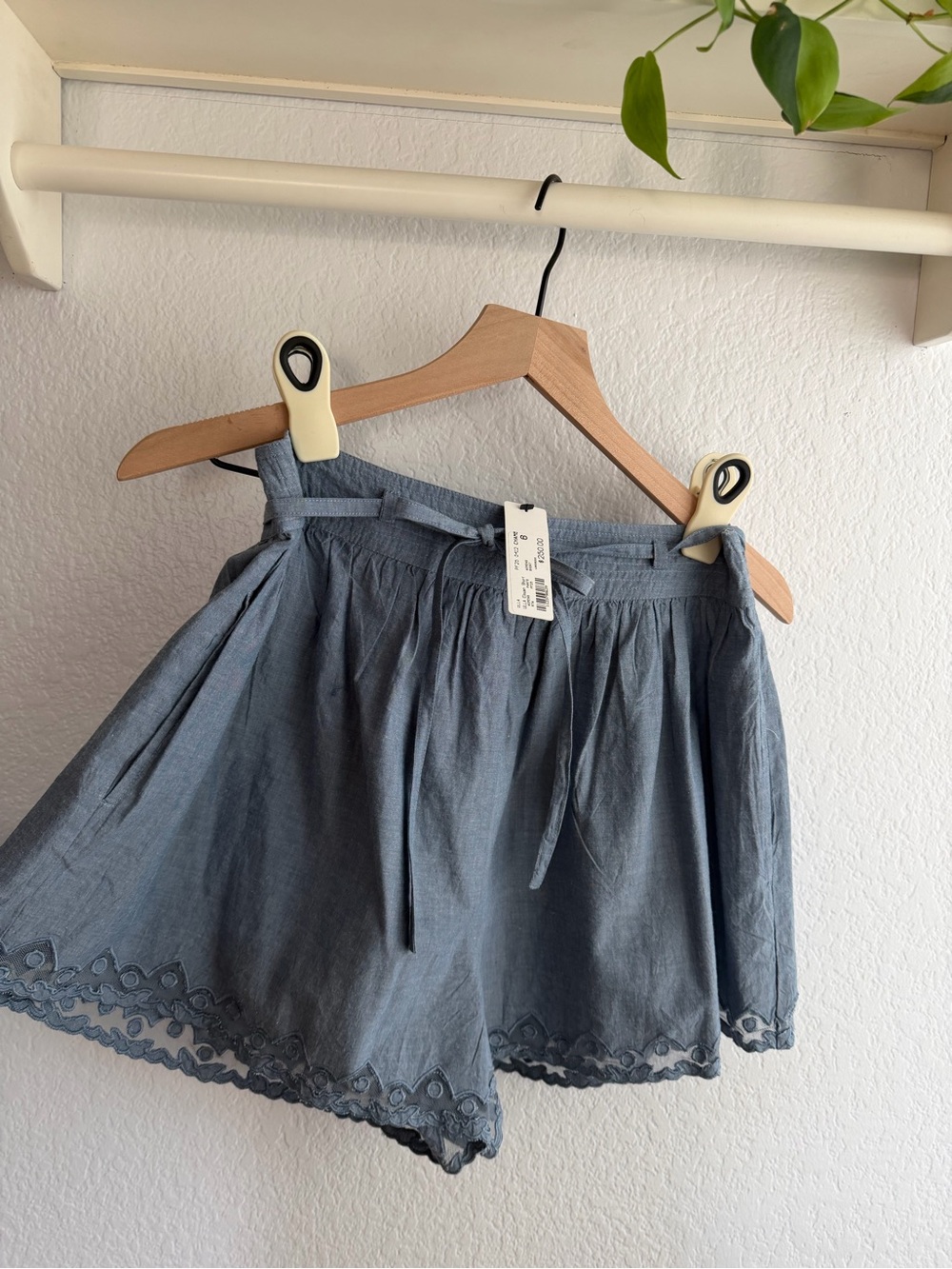 NWT Ulla Johnson Elowen Short 6 Chambray Embroidered Tulle Hem Blue
